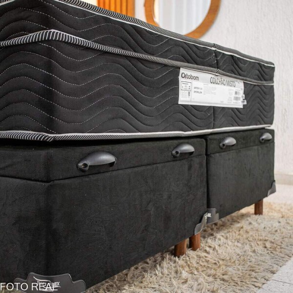 Box Ba Casal Bipartido Carioca Sued Preto Blindado Bioflex + Colcho Casal Ortopdico EPS Airtech 150 Ortopillow 138x188x28 Ortobom