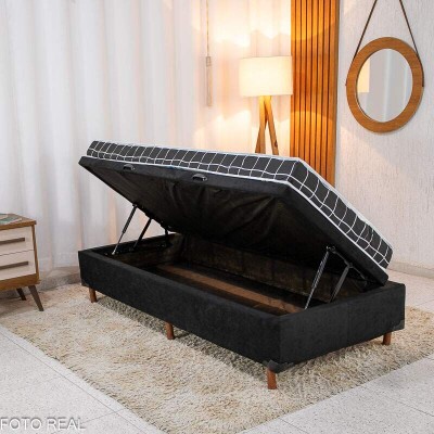 Box Ba Solteiro Carioca Sued Preto Blindado Bioflex + Colcho Solteiro Soffie Lotus 88x188x12 D20 - Nosso Sonho
