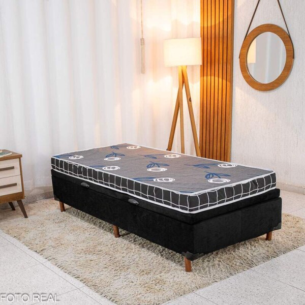Box Ba Solteiro Carioca Sued Preto Blindado Bioflex + Colcho Solteiro Soffie Lotus 88x188x12 D20 - Nosso Sonho