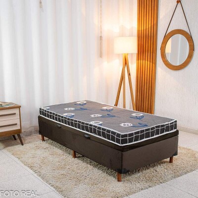 Box Ba Solteiro Carioca Sued Marrom Blindado Bioflex + Colcho Solteiro Soffie Lotus 88x188x12 D20 - Nosso Sonho