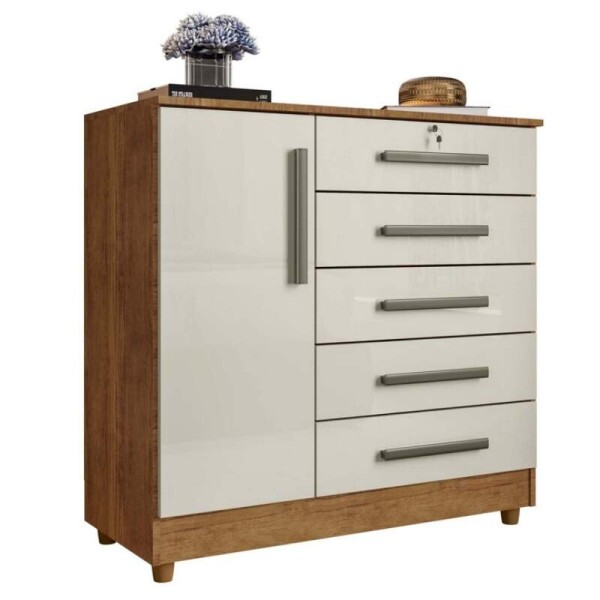 Cmoda Vitria com 5 Gavetas e 1 Porta Cedro/Areia com Ps Rud Rack