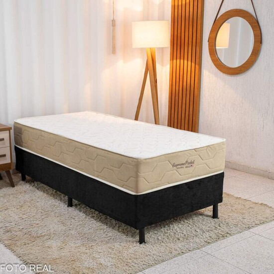 Box Solt. Sued Preto Nosso Sonho + Colcho Solteiro Supreme Pocket Molas Ensacadas 88x188x62 - Inovaflex | Suporta at 120kg