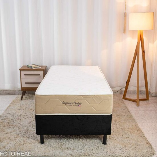 Box Solt. Sued Preto Nosso Sonho + Colcho Solteiro Supreme Pocket Molas Ensacadas 88x188x62 - Inovaflex | Suporta at 120kg