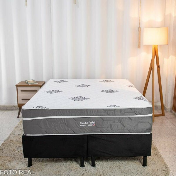 Box Casal Bipartida Sued Preto Nosso Sonho + Colcho Casal Essential Pocket Molas Ensacadas 138x188x68 - Inovaflex | Suporta at 240kg