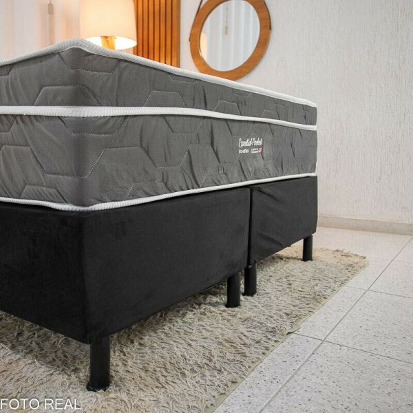 Box Casal Bipartida Sued Preto Nosso Sonho + Colcho Casal Essential Pocket Molas Ensacadas 138x188x68 - Inovaflex | Suporta at 240kg
