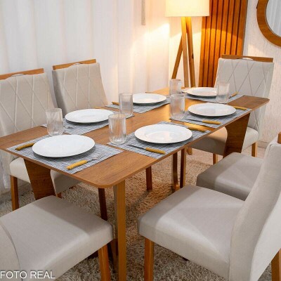 Mesa de Jantar Dubai Tampo Londres Cinamomo 160x80 6 Cadeiras Lisboa Veludo Bege 512 Madeira Macia