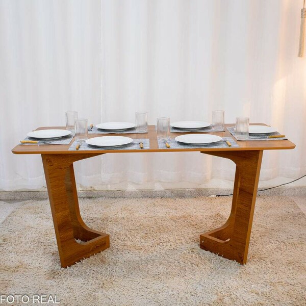 Mesa de Jantar Dubai Tampo Londres Cinamomo 160x80 6 Cadeiras Lisboa Veludo Bege 512 Madeira Macia