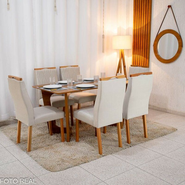 Mesa de Jantar Dubai Tampo Londres Cinamomo 160x80 6 Cadeiras Lisboa Veludo Bege 512 Madeira Macia