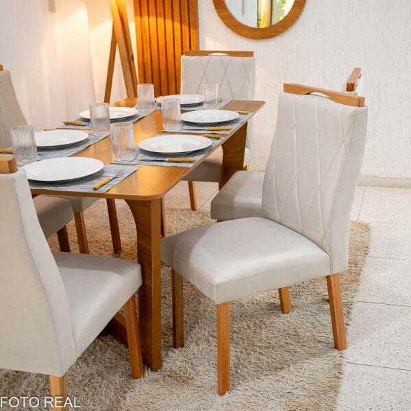 Mesa de Jantar Dubai Tampo Londres Cinamomo 160x80 6 Cadeiras Lisboa Veludo Bege 512 Madeira Macia