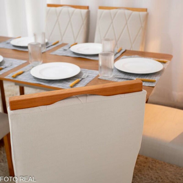 Mesa de Jantar Dubai Tampo Londres Cinamomo 160x80 6 Cadeiras Lisboa Veludo Bege 512 Madeira Macia