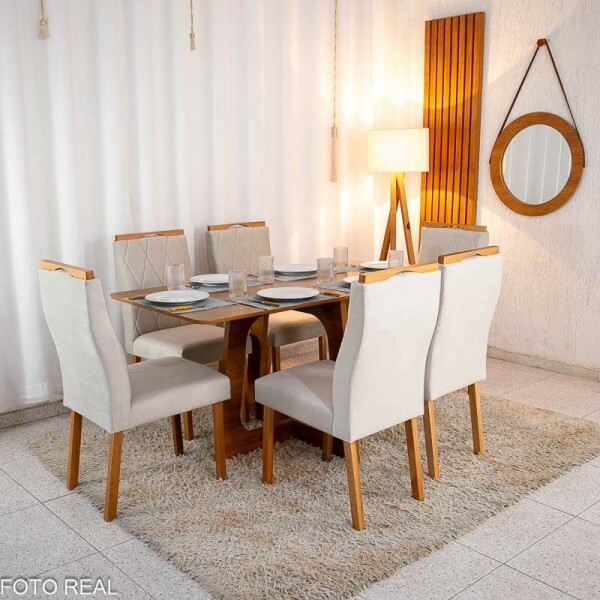 Mesa de Jantar Dubai Tampo Londres Cinamomo 160x80 6 Cadeiras Lisboa Veludo Bege 512 Madeira Macia
