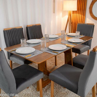 Mesa de Jantar Dubai Tampo Londres Cinamomo 160x80 6 Cadeiras Genova Veludo Cinza 507 Madeira Macia