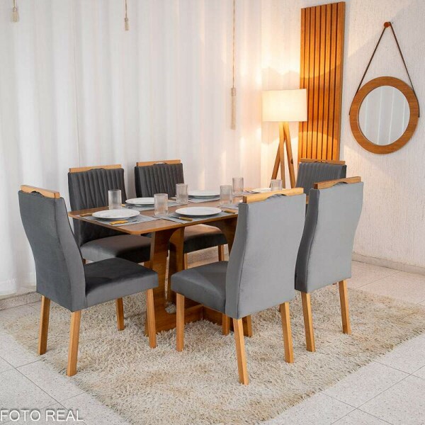 Mesa de Jantar Dubai Tampo Londres Cinamomo 160x80 6 Cadeiras Genova Veludo Cinza 507 Madeira Macia