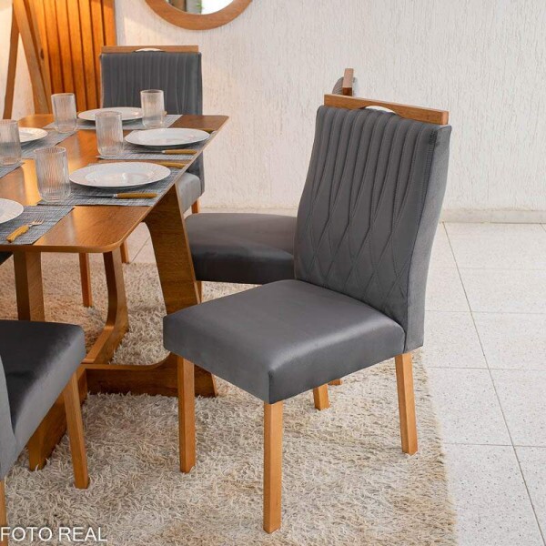 Mesa de Jantar Dubai Tampo Londres Cinamomo 160x80 6 Cadeiras Genova Veludo Cinza 507 Madeira Macia