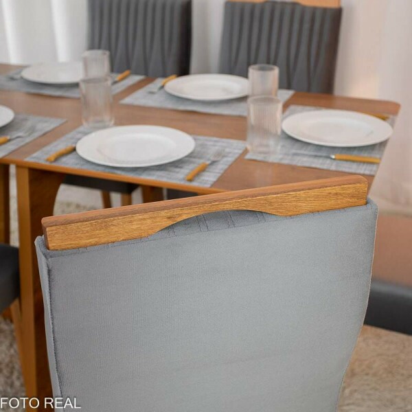 Mesa de Jantar Dubai Tampo Londres Cinamomo 160x80 6 Cadeiras Genova Veludo Cinza 507 Madeira Macia