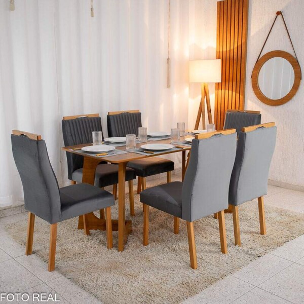 Mesa de Jantar Dubai Tampo Londres Cinamomo 160x80 6 Cadeiras Genova Veludo Cinza 507 Madeira Macia