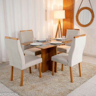 Mesa de Jantar Salina 120x80 Tampo Londres Cinamomo 4 Cadeiras Lisboa Bege 512 Madeira Macia Art Assento
