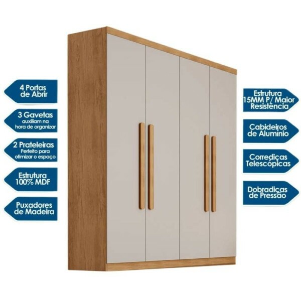 Guarda-roupa Imprio Nature/Off 4 Portas 3 Gavetas Larg. 1.80m 100% MDF Rufato
