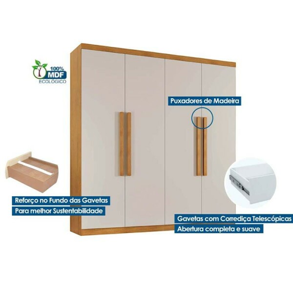 Guarda-roupa Imprio Nature/Off 4 Portas 3 Gavetas Larg. 1.80m 100% MDF Rufato