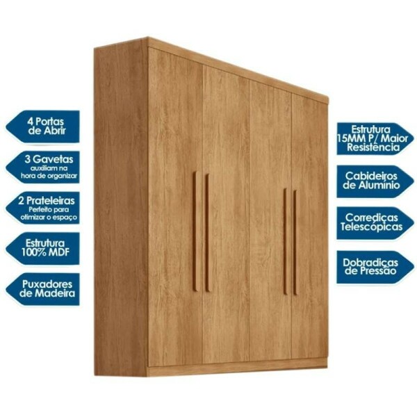 Guarda-roupa Imprio Nature 4 Portas 3 Gavetas Larg. 1.80m 100% MDF Rufato