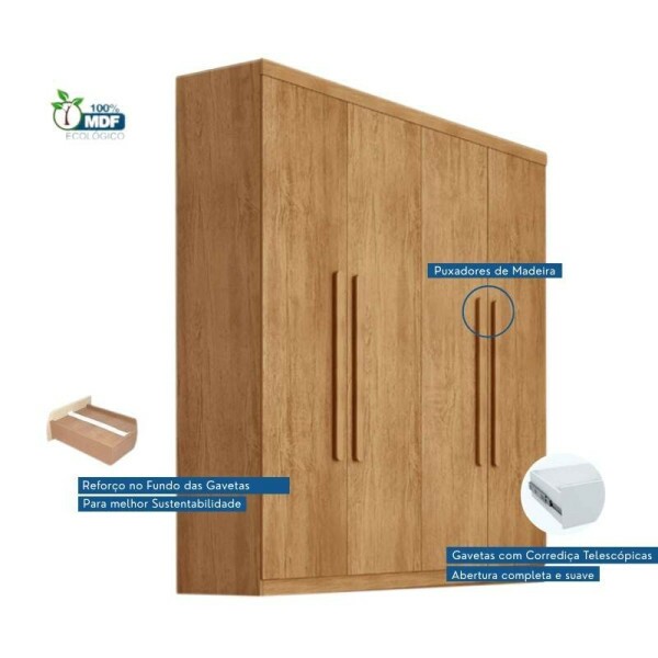 Guarda-roupa Imprio Nature 4 Portas 3 Gavetas Larg. 1.80m 100% MDF Rufato