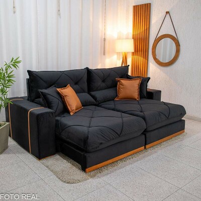 Sof� Retr�til Reclin�vel Gran Bello 2.30m Veludo Preto 21 - Molas Ensacadas Pocket