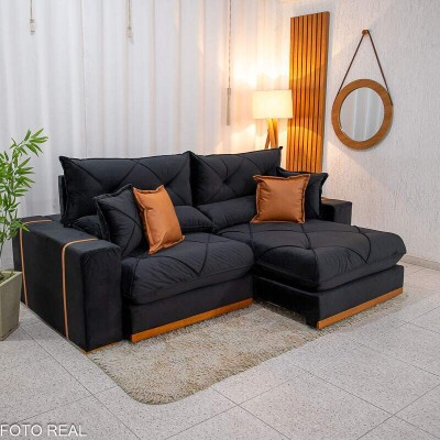 Sof� Retr�til Reclin�vel Gran Bello 2.30m Veludo Preto 21 - Molas Ensacadas Pocket