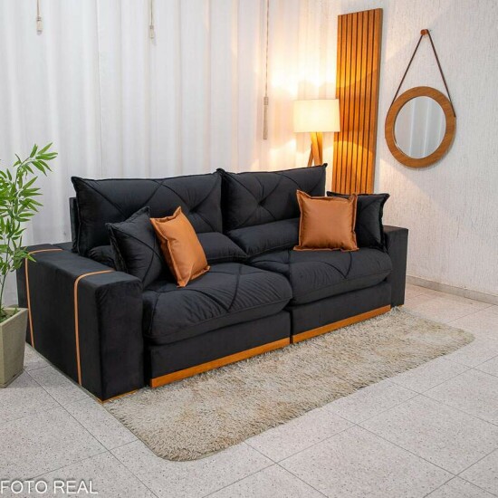 Sof� Retr�til Reclin�vel Gran Bello 2,30m Veludo Preto 21 - Molas Ensacadas