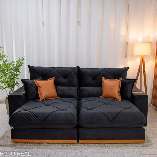 Sof� Retr�til Reclin�vel Gran Bello 2,30m Veludo Preto 21 - Molas Ensacadas