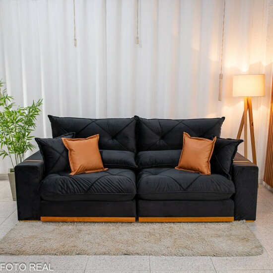 Sof� Retr�til Reclin�vel Gran Bello 2,30m Veludo Preto 21 - Molas Ensacadas