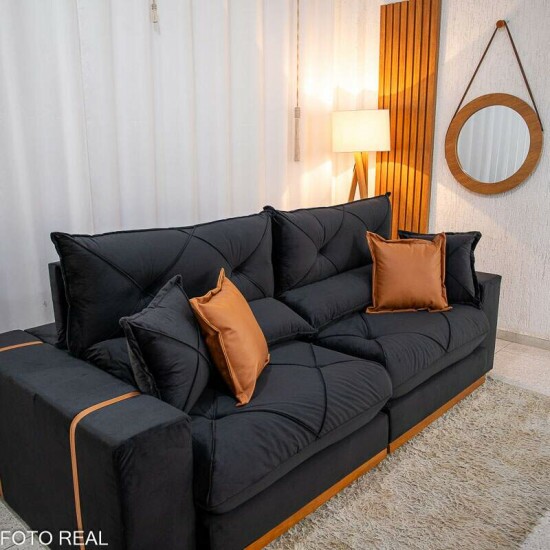 Sof� Retr�til Reclin�vel Gran Bello 2,30m Veludo Preto 21 - Molas Ensacadas