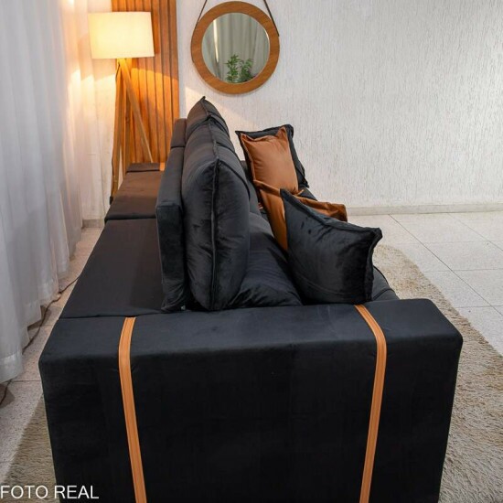 Sof� Retr�til Reclin�vel Gran Bello 2,30m Veludo Preto 21 - Molas Ensacadas
