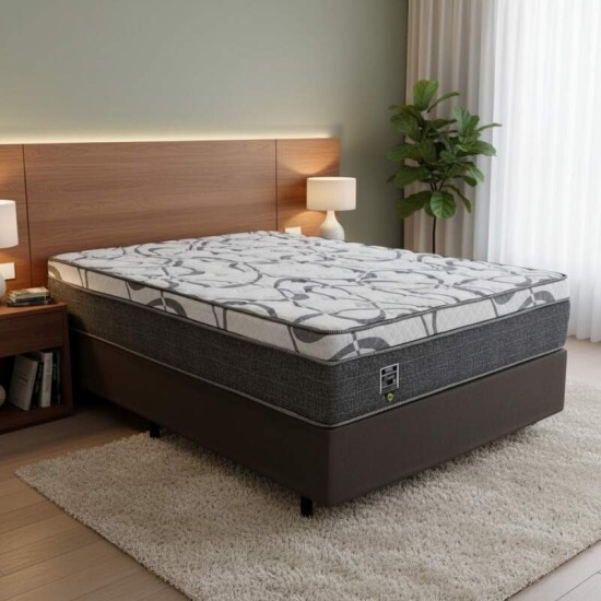 Box Casal Universal Linho Grafite Gazin + Colcho Casal Madrid Euro Molas Ensacadas 138x188x73 Umaflex - Suporta at 240kg