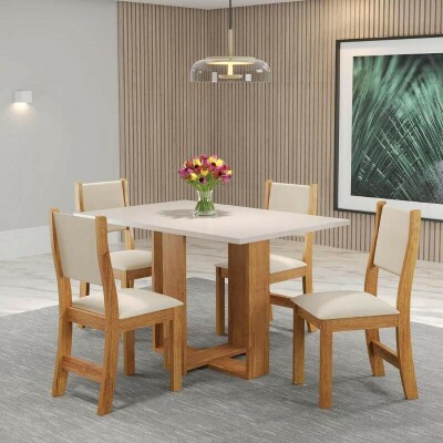 Mesa de Jantar Magic 120x80 Tampo Off Mel/Blonde + 4 cad. Sol Assento veludo Marfim - Viero