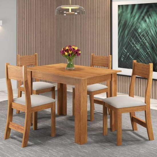 Mesa de Jantar Perla 110x75 Mel + 4 Cadeiras Brisa Linho Bronze - Viero