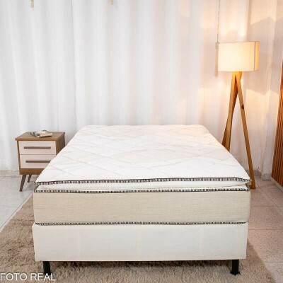 Box Casal Sued Bege Nosso Sonho + Colcho Casal Copacabana Linho Bege 138x188x68 Molas ensacadas - Portobel | Suporta at 240kg