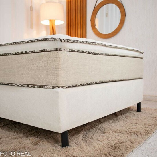 Box Casal Sued Bege Nosso Sonho + Colcho Casal Copacabana Linho Bege 138x188x68 Molas ensacadas - Portobel | Suporta at 240kg