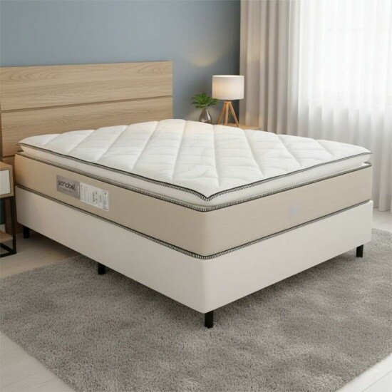 Box Casal Sued Bege Nosso Sonho + Colcho Casal Copacabana Linho Bege 138x188x68 Molas ensacadas - Portobel | Suporta at 240kg