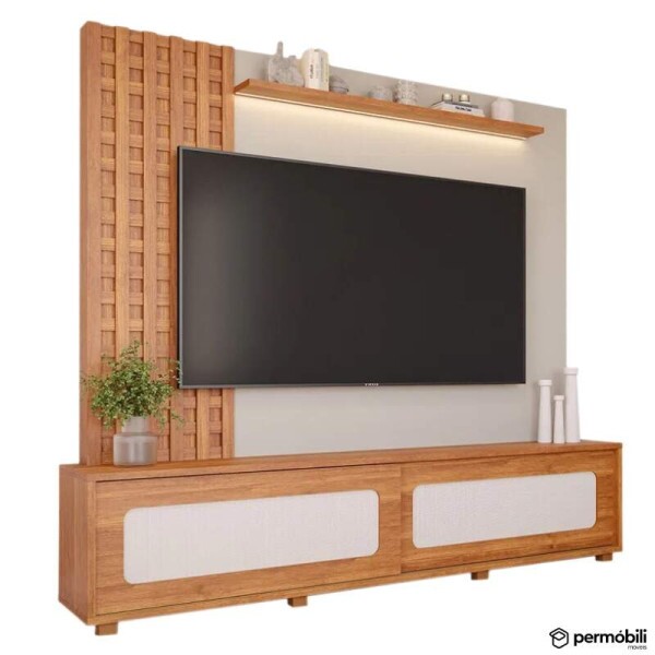 Home Marrocos Larg. 2.30m Cinamomo/Off C/LED 100% MDF para TV at 84\\\" - Permbili