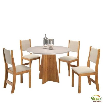 Mesa de Jantar Flipp Redonda 90cm Off White + 4 Cad. Sol Assento Linho Bronze - Viero