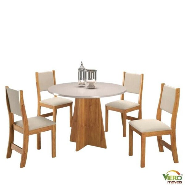 Mesa de Jantar Flipp Redonda 90cm Off White + 4 Cad. Sol Assento Linho Bronze - Viero