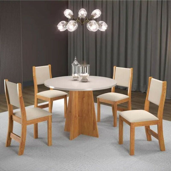 Mesa de Jantar Flipp Redonda 90cm Off White + 4 Cad. Sol Assento Linho Bronze - Viero
