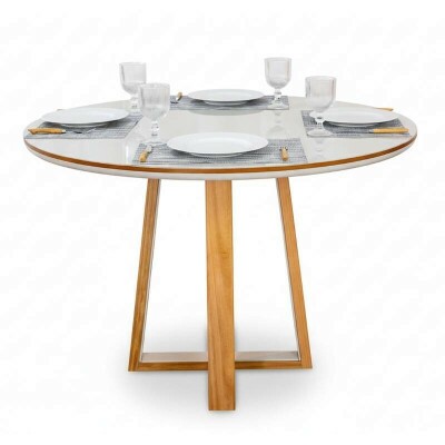 Mesa de Jantar Atlanta Redonda 120cm Vidro Off Base Madeira Minas Plac - Entregue Montada 