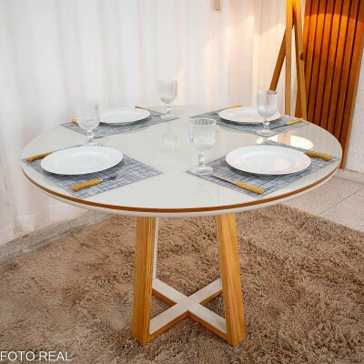 Mesa de Jantar Atlanta Redonda 120cm Vidro Off/Base Madeira - Minas Plac