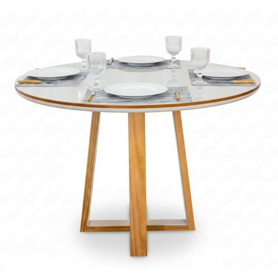 Mesa de Jantar Atlanta Redonda 120cm Vidro Off Base Madeira Minas Plac - Entregue Montada