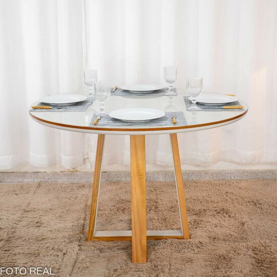 Mesa de Jantar Atlanta Redonda 120cm Vidro Off Base Madeira Minas Plac - Entregue Montada