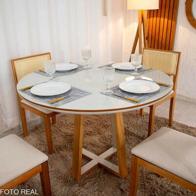 Mesa de Jantar Atlanta Redonda 120cm Vidro Off/Base Madeira + 4 Cad. Santorini Linho Bege Madeira Minas Plac - Entregue Montada