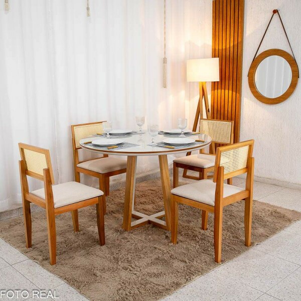 Mesa de Jantar Atlanta Redonda 120cm Vidro Off/Base Madeira + 4 Cad. Santorini Linho Bege Madeira Minas Plac - Entregue Montada