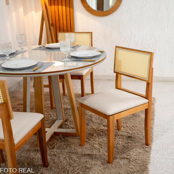 Mesa de Jantar Atlanta Redonda 120cm Vidro Off/Base Madeira + 4 Cad. Santorini Linho Bege Madeira Minas Plac - Entregue Montada
