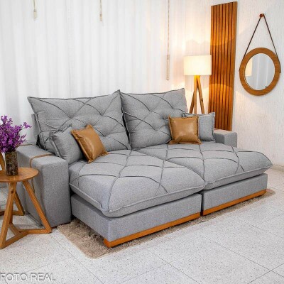 Sof Retrtil Reclinvel Malibu 2.50m Linho Cinza 1008 - D33 e Molas Ensacadas